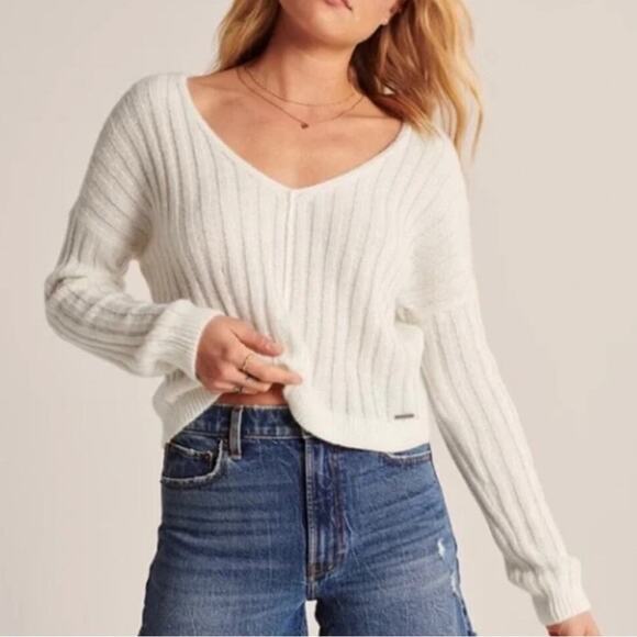 Abercrombie & Fitch‎ White Cream Ribbed Knit Lightweight V Neck Sweater XL - Picture 1 of 7